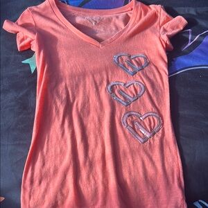 Coral V-Neck T-Shirt with Heart Accents